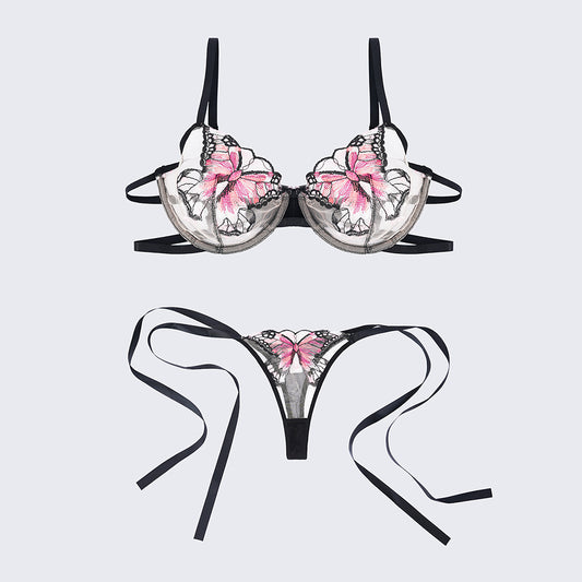 Butterfly Sheer Embroidered Mesh Bra Panty Set