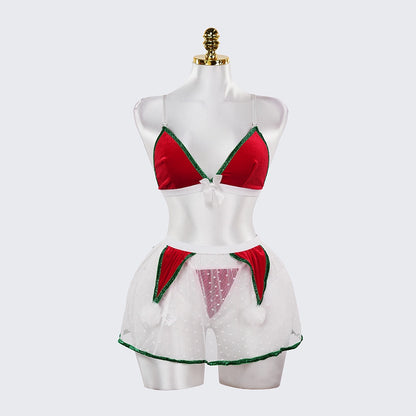 Christmas Velvet See-Through Seduction Bra Panties Miniskirt Set