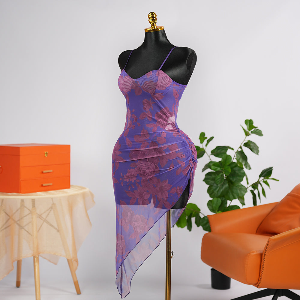 Colorful Elastic See-Through High Slit Suspender Dress