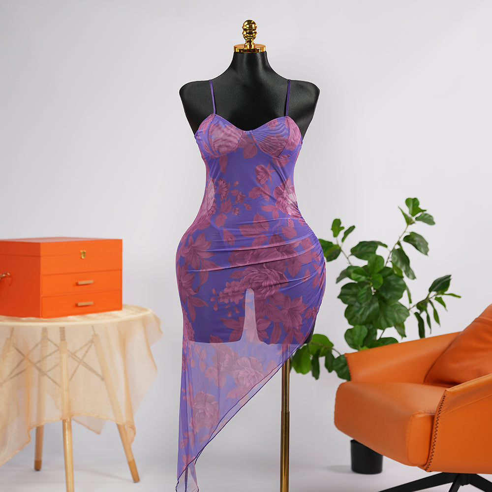 Colorful Elastic See-Through High Slit Suspender Dress