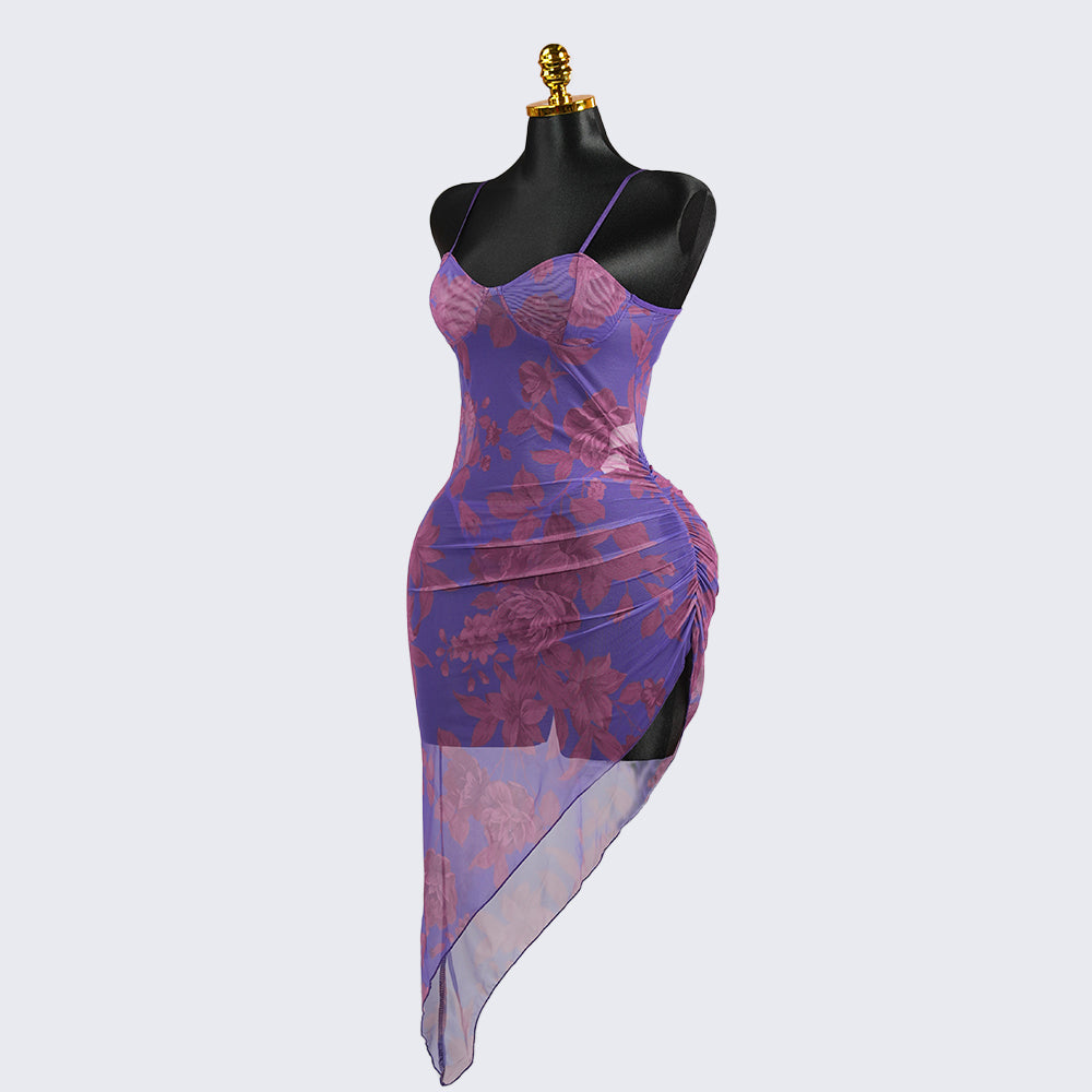 Colorful Elastic See-Through High Slit Suspender Dress