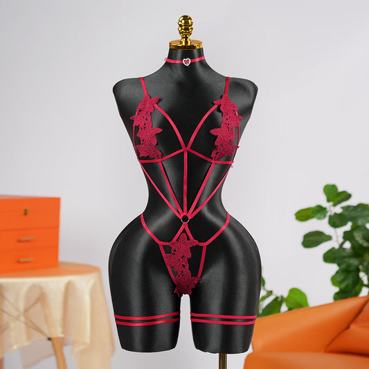 Crimson Seduction Red Lace Embroidery Seduction Bodysuit