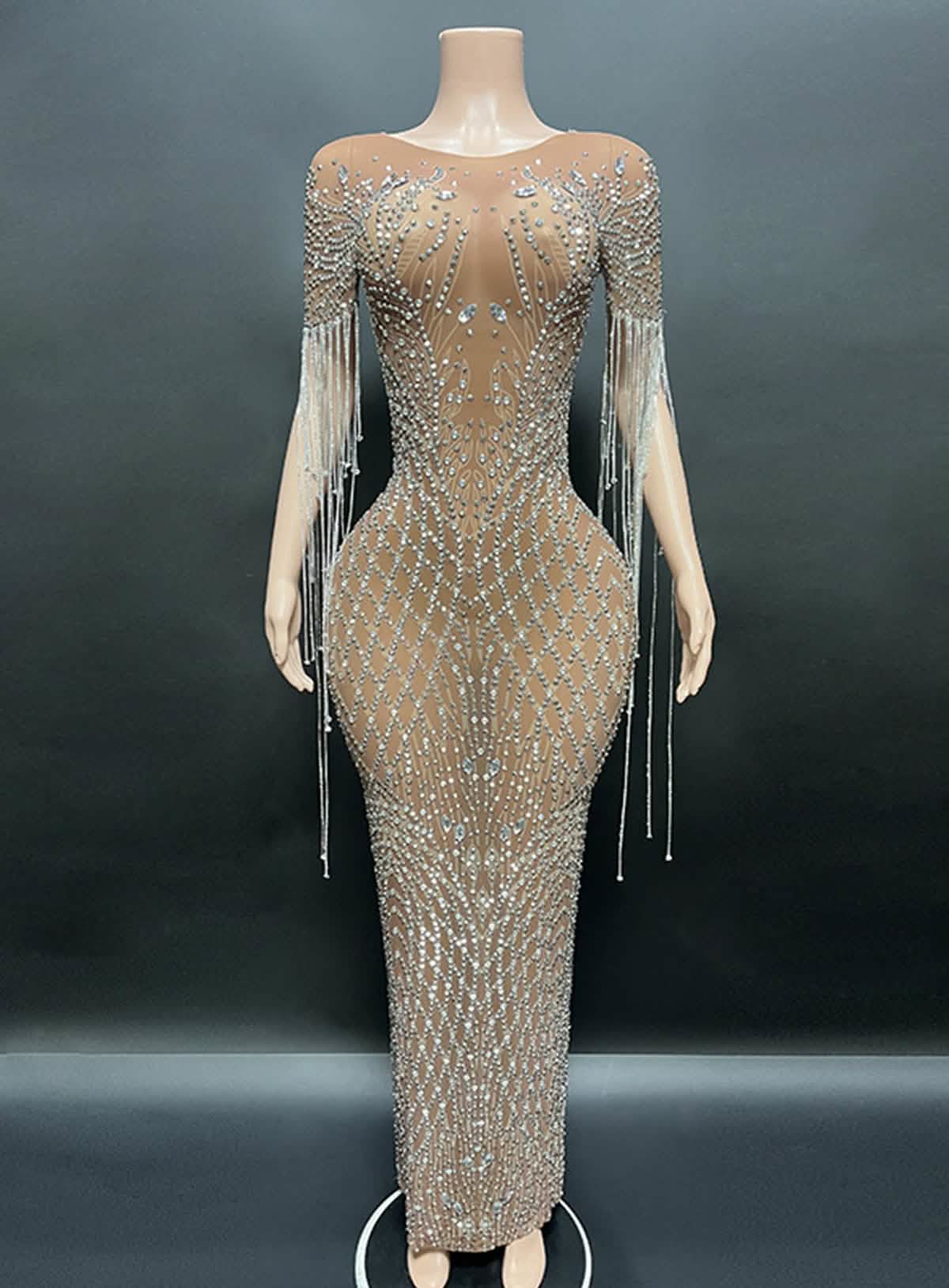 Crystal Beaded Fringe Gown