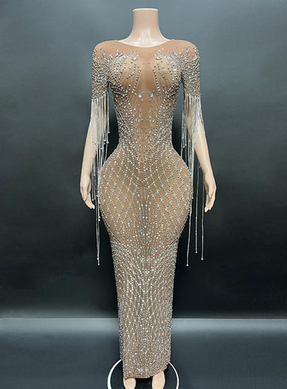 Crystal Beaded Fringe Gown