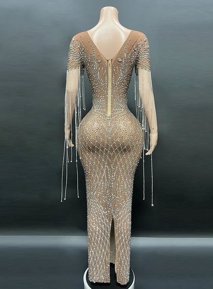 Crystal Beaded Fringe Gown