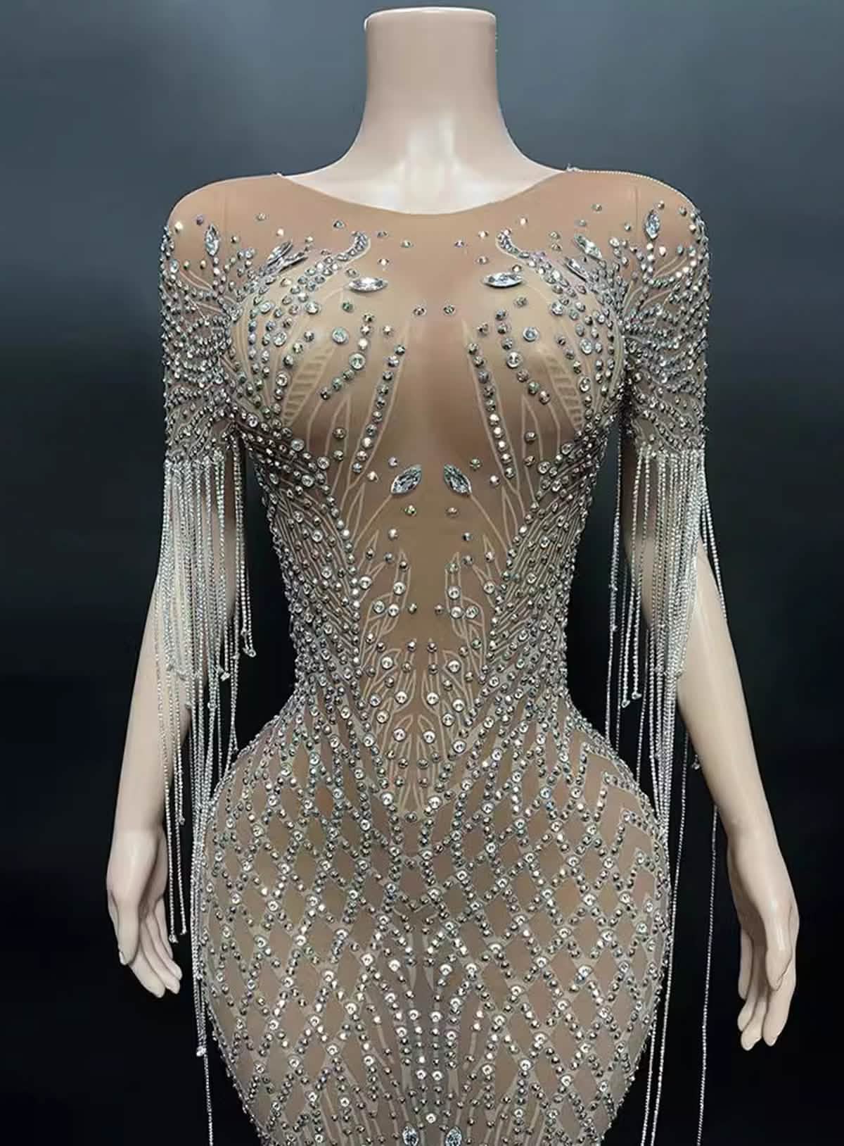 Crystal Beaded Fringe Gown