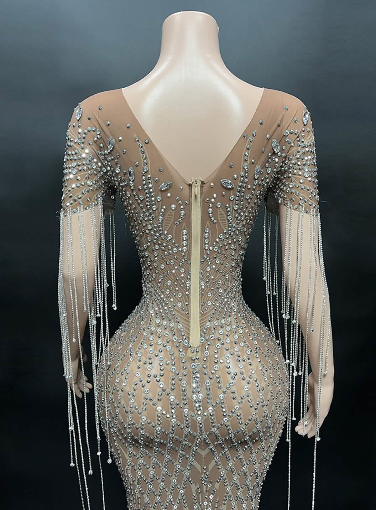 Crystal Beaded Fringe Gown