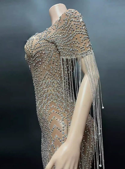 Crystal Beaded Fringe Gown