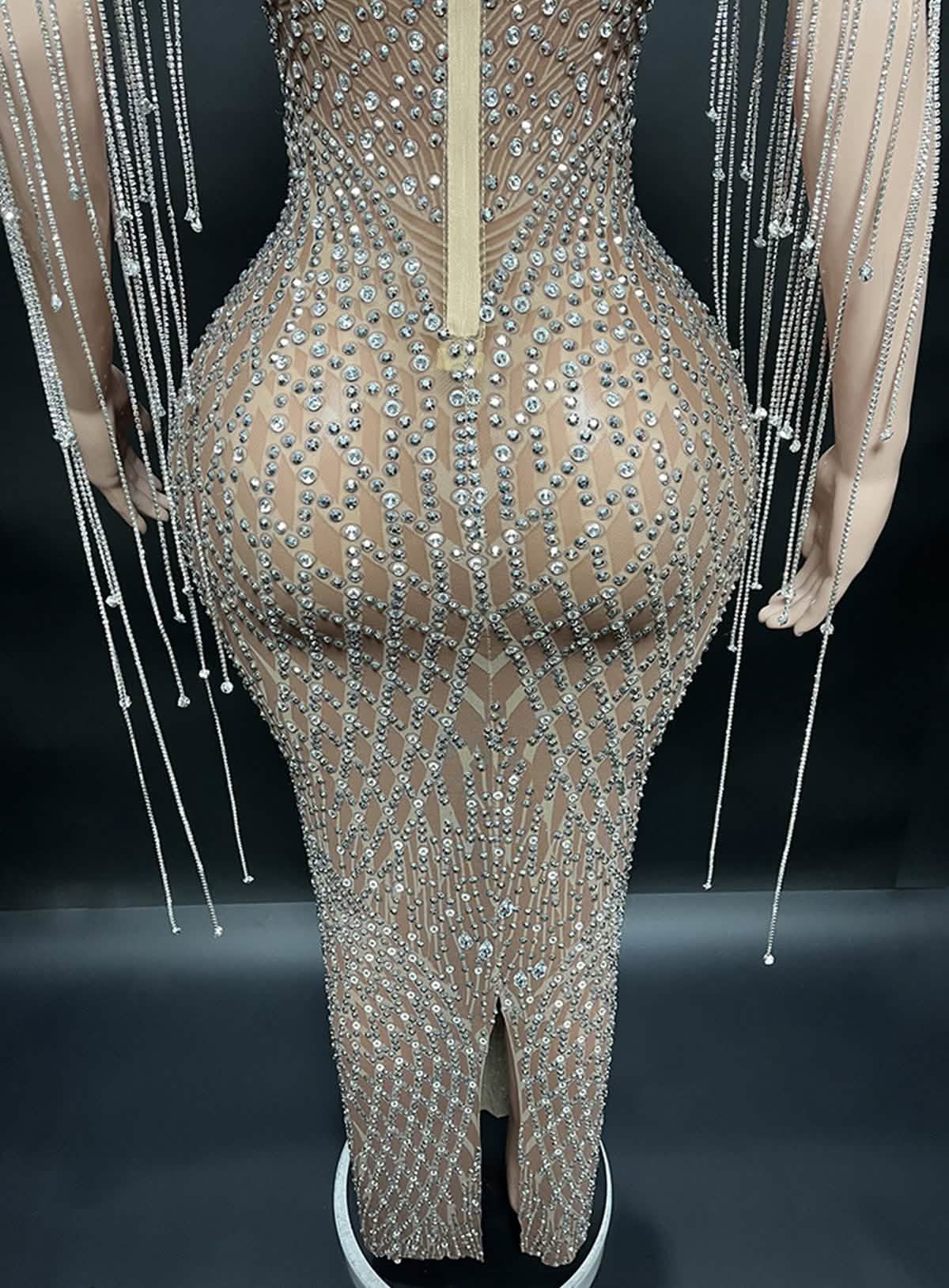 Crystal Beaded Fringe Gown