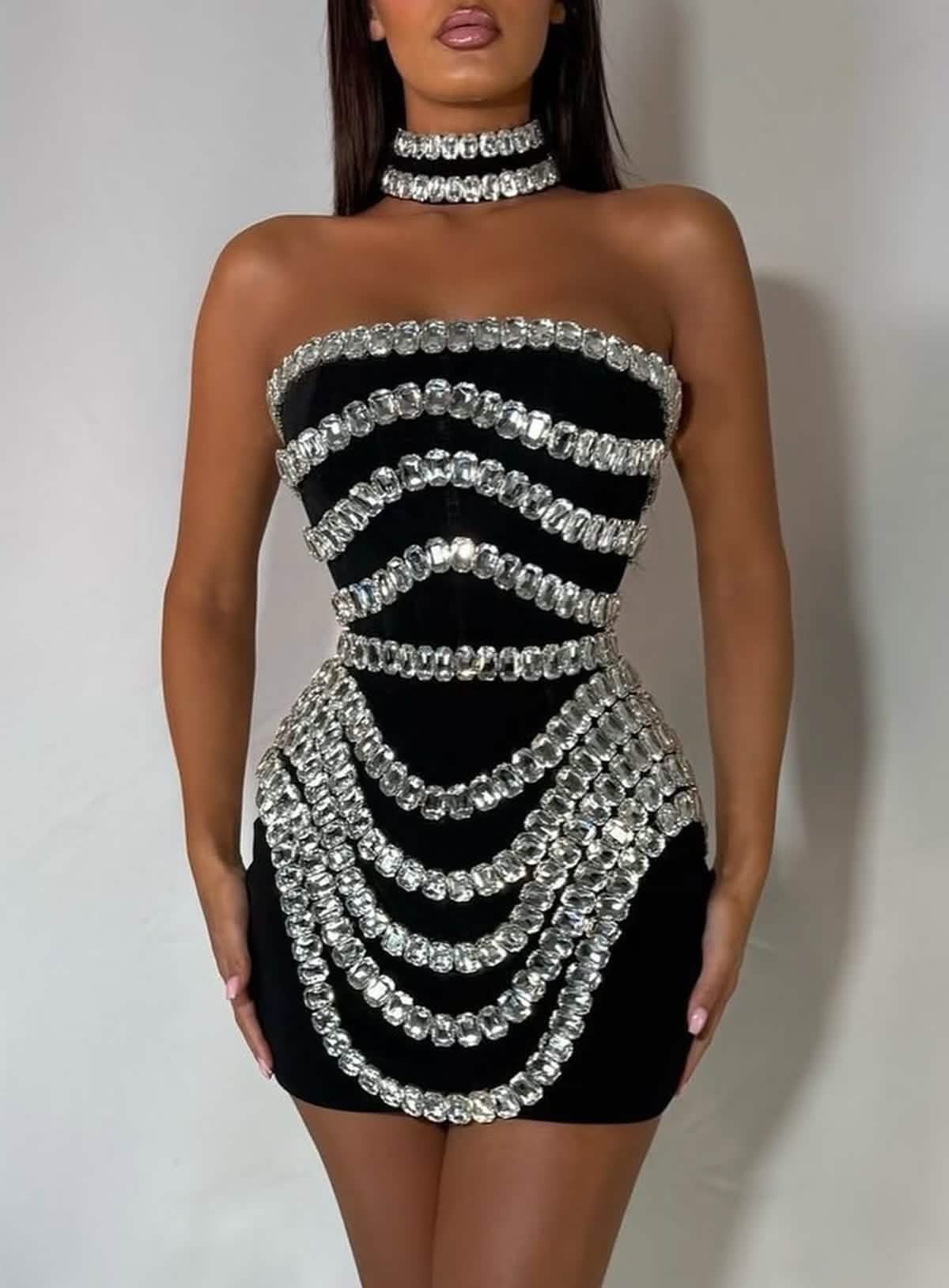 Crystal-Draped Strapless Mini Dress