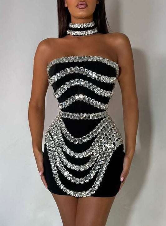 Crystal-Draped Strapless Mini Dress