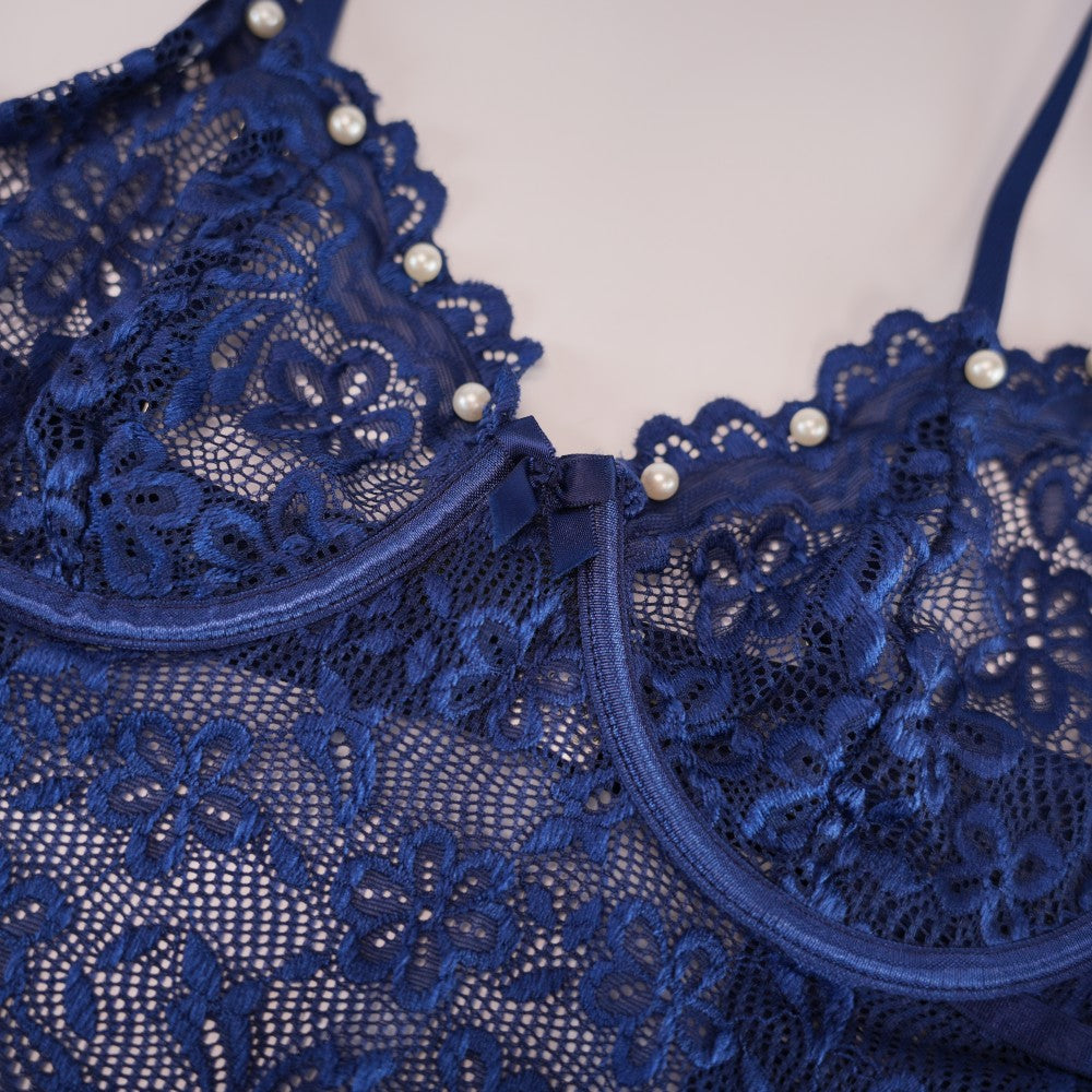 Blue Lace Floral Embroidery See-through Beaded Chemises