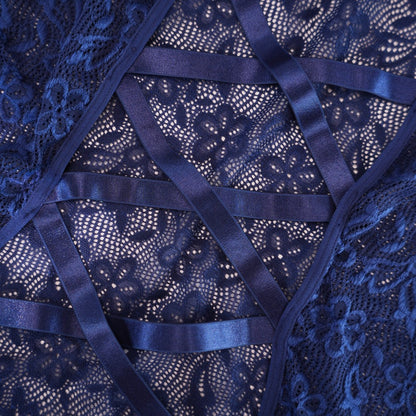 Blue Lace Floral Embroidery See-through Beaded Chemises