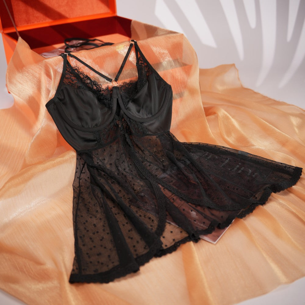Black Polka Dot Mesh Gauze Top Panty Set