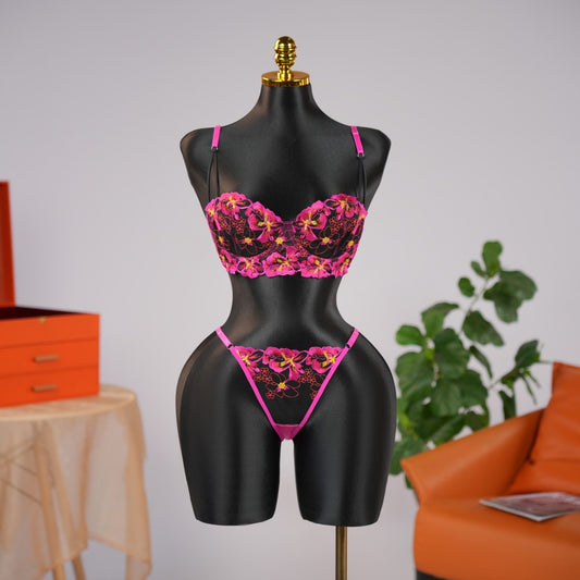 Red Floral Lace Embroidered See-through Bra