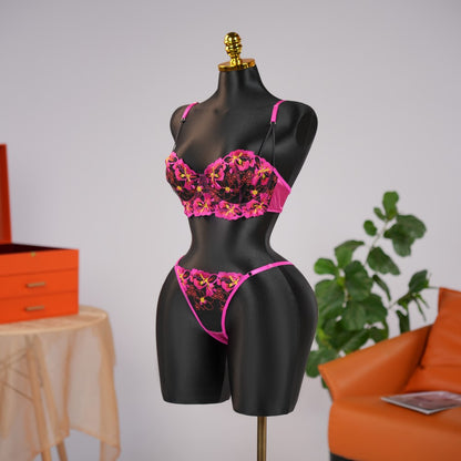 Red Floral Lace Embroidered See-through Bra