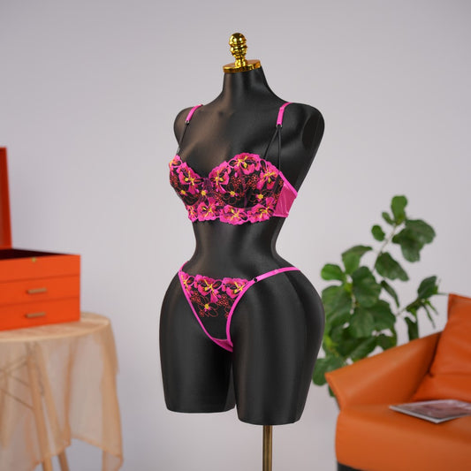 Red Floral Lace Embroidered See-through Bra