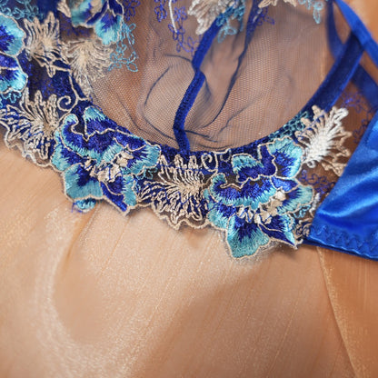 Blue Floral Lace Embroidered See-through Bra