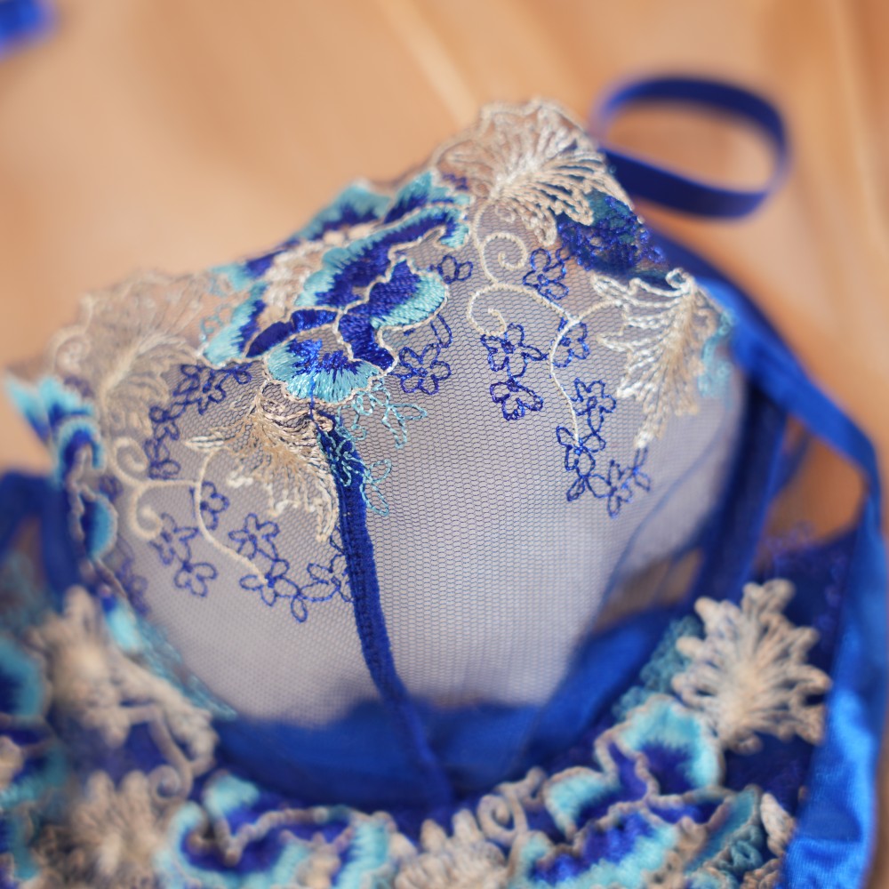 Blue Floral Lace Embroidered See-through Bra