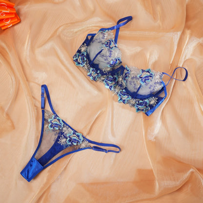 Blue Floral Lace Embroidered See-through Bra