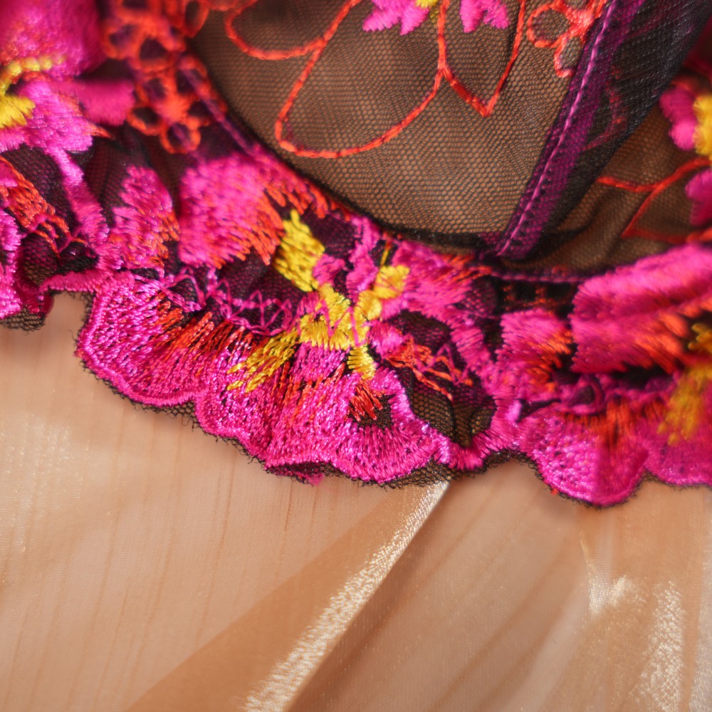 Red Floral Lace Embroidered See-through Bra