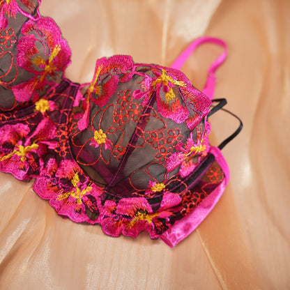 Red Floral Lace Embroidered See-through Bra