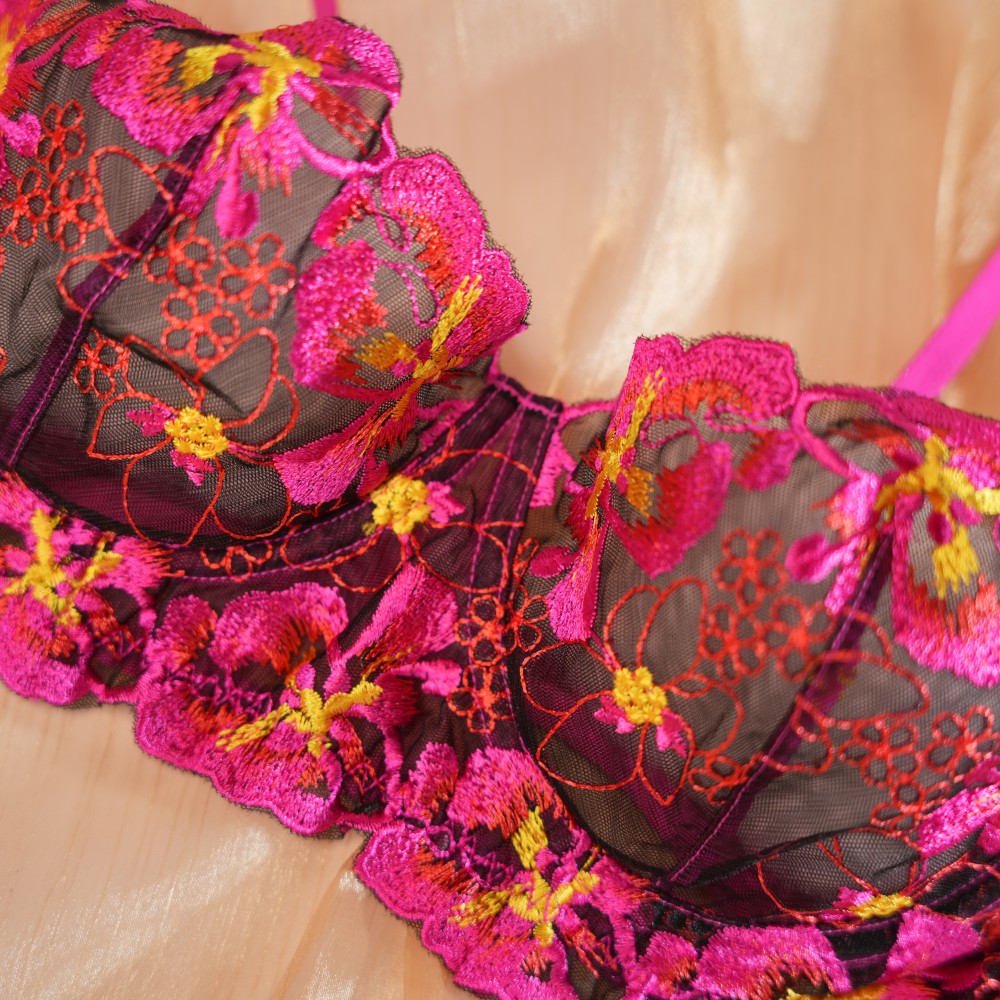 Red Floral Lace Embroidered See-through Bra