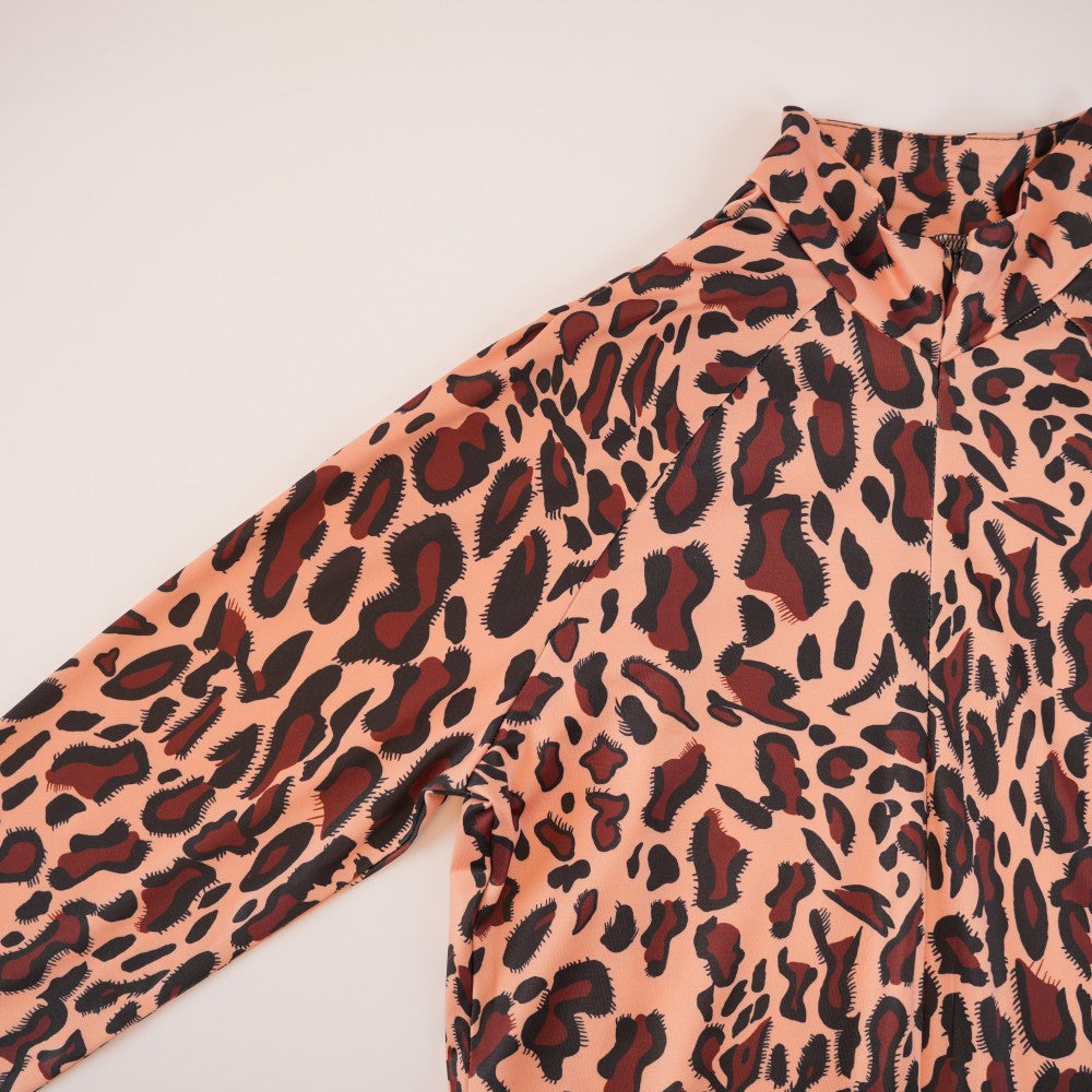 Satin Long Sleeve Leopard Bodycon Jumpsuit