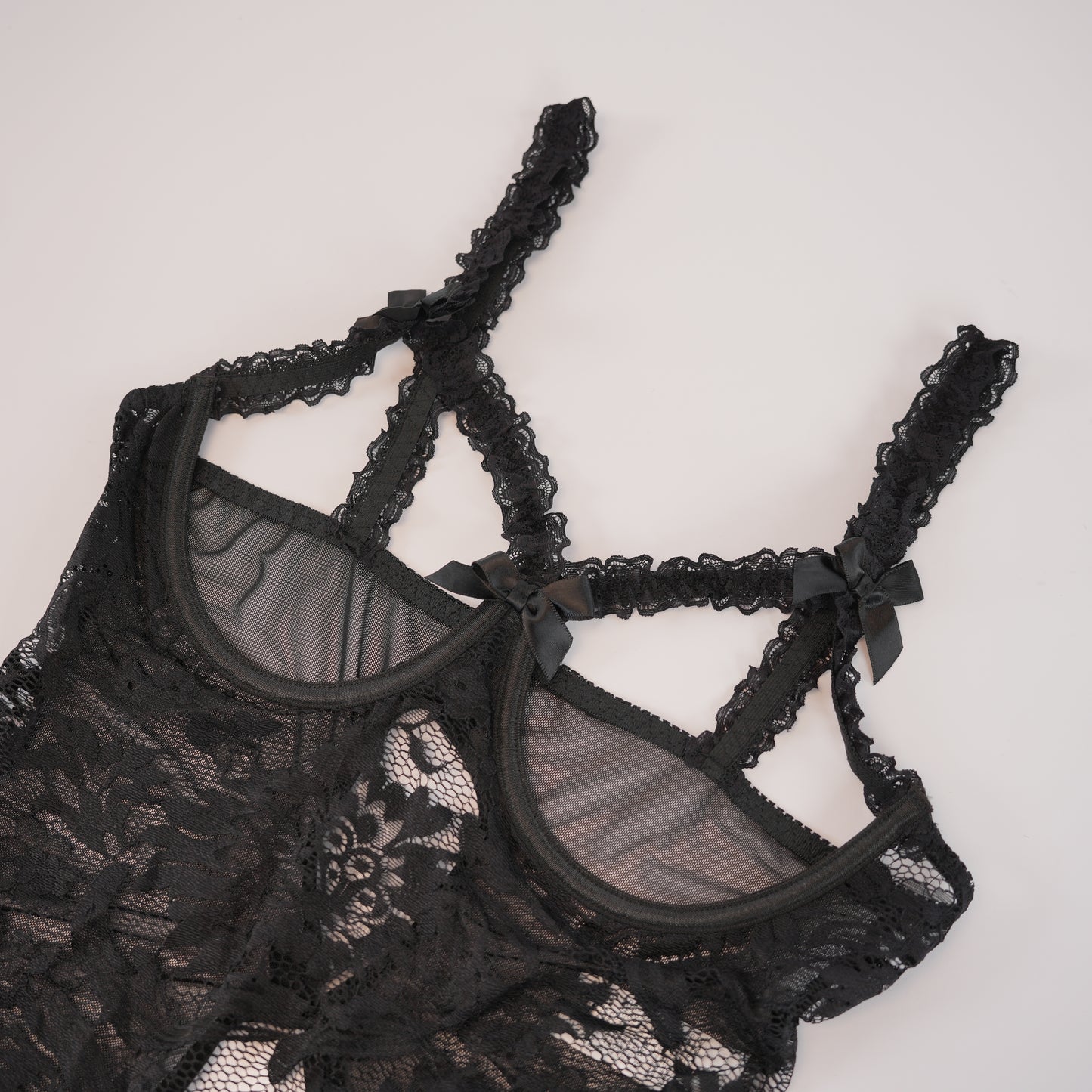 Black Floral Lace Embroidered Open Crotch Bodysuit