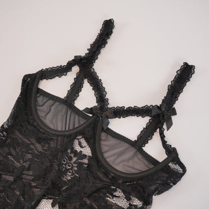 Black Floral Lace Embroidered Open Crotch Bodysuit