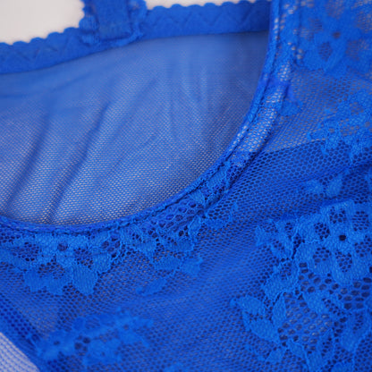 Blue Lace Embroidered Open Crotch Bodysuit