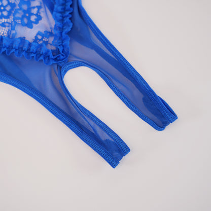 Blue Lace Embroidered Open Crotch Bodysuit