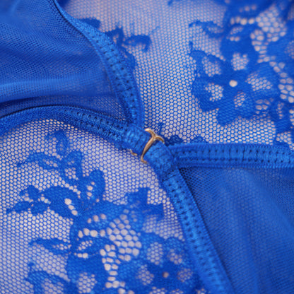 Blue Lace Embroidered Open Crotch Bodysuit