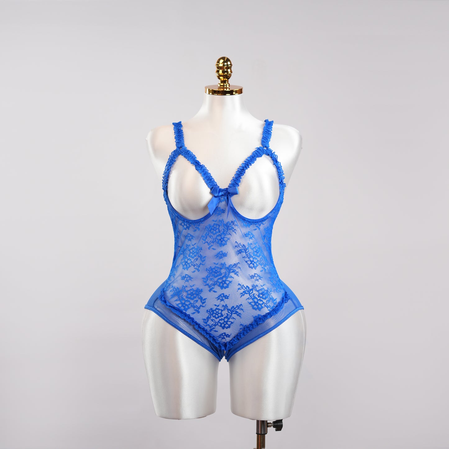 Blue Lace Embroidered Open Crotch Bodysuit