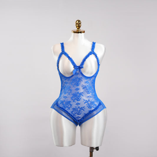 Blue Lace Embroidered Open Crotch Bodysuit