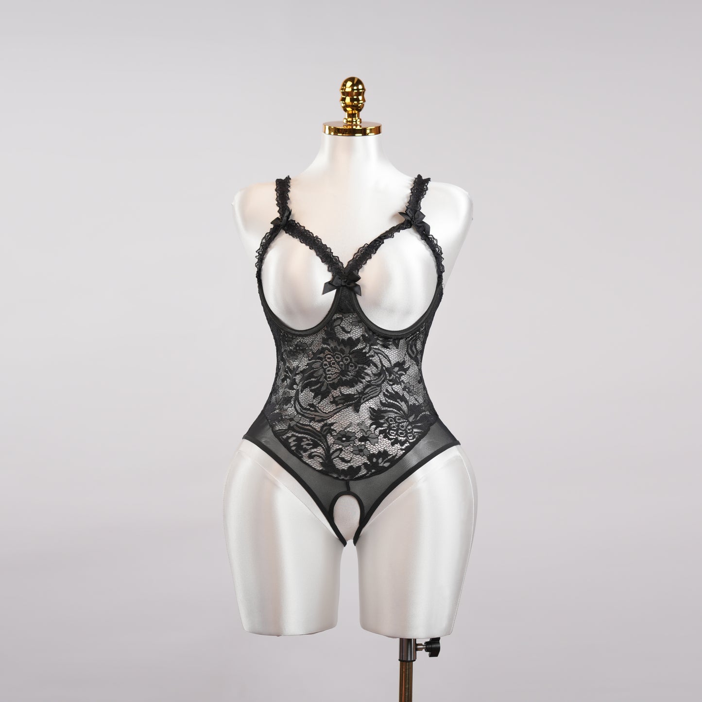 Black Floral Lace Embroidered Open Crotch Bodysuit