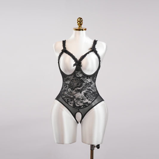 Black Floral Lace Embroidered Open Crotch Bodysuit