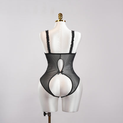 Black Floral Lace Embroidered Open Crotch Bodysuit