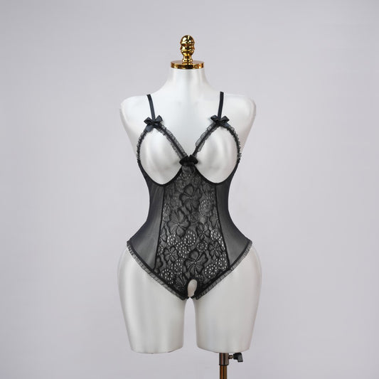 Floral Lace Embroidered Open Crotch Bodysuit