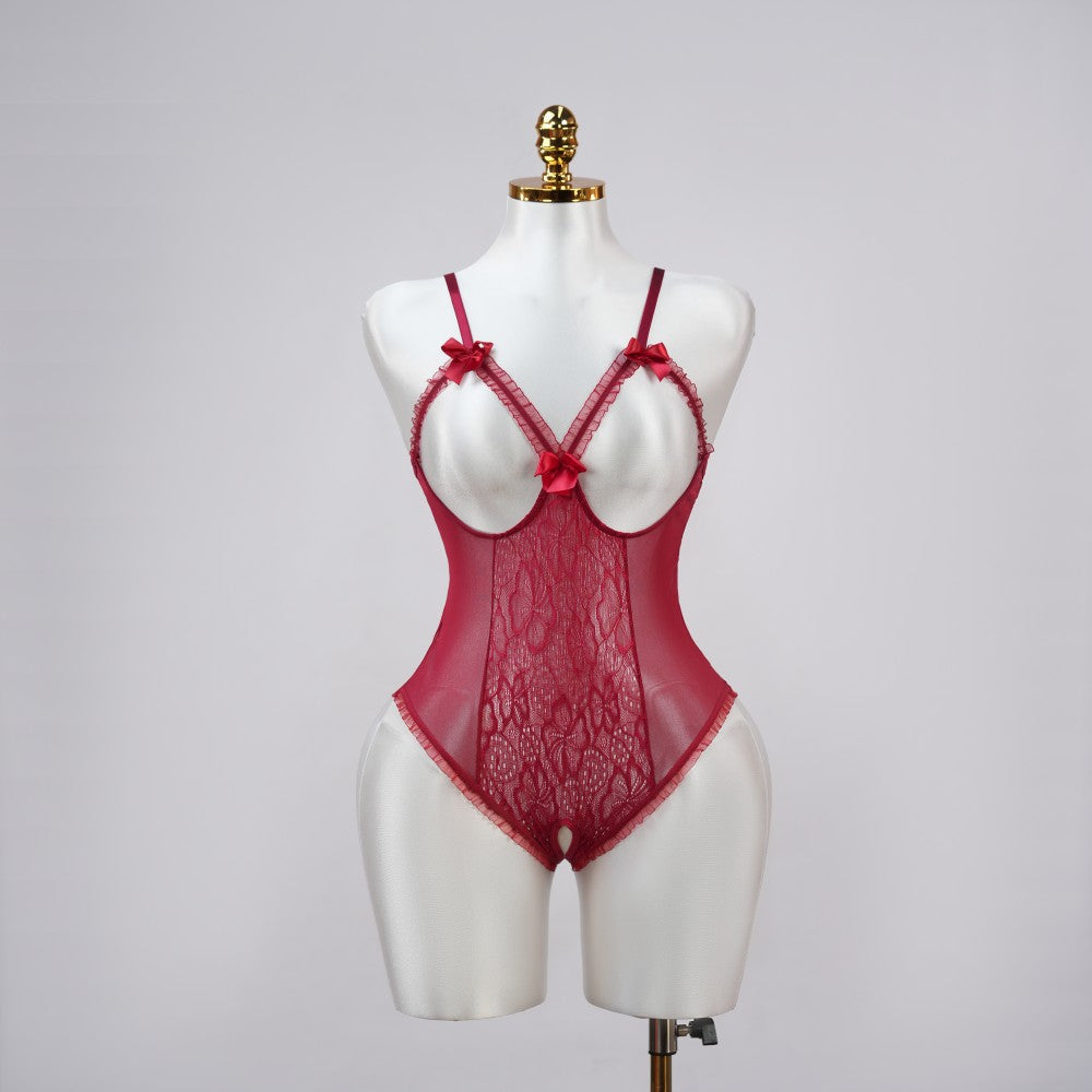 Floral Lace Embroidered Open Crotch Bodysuit