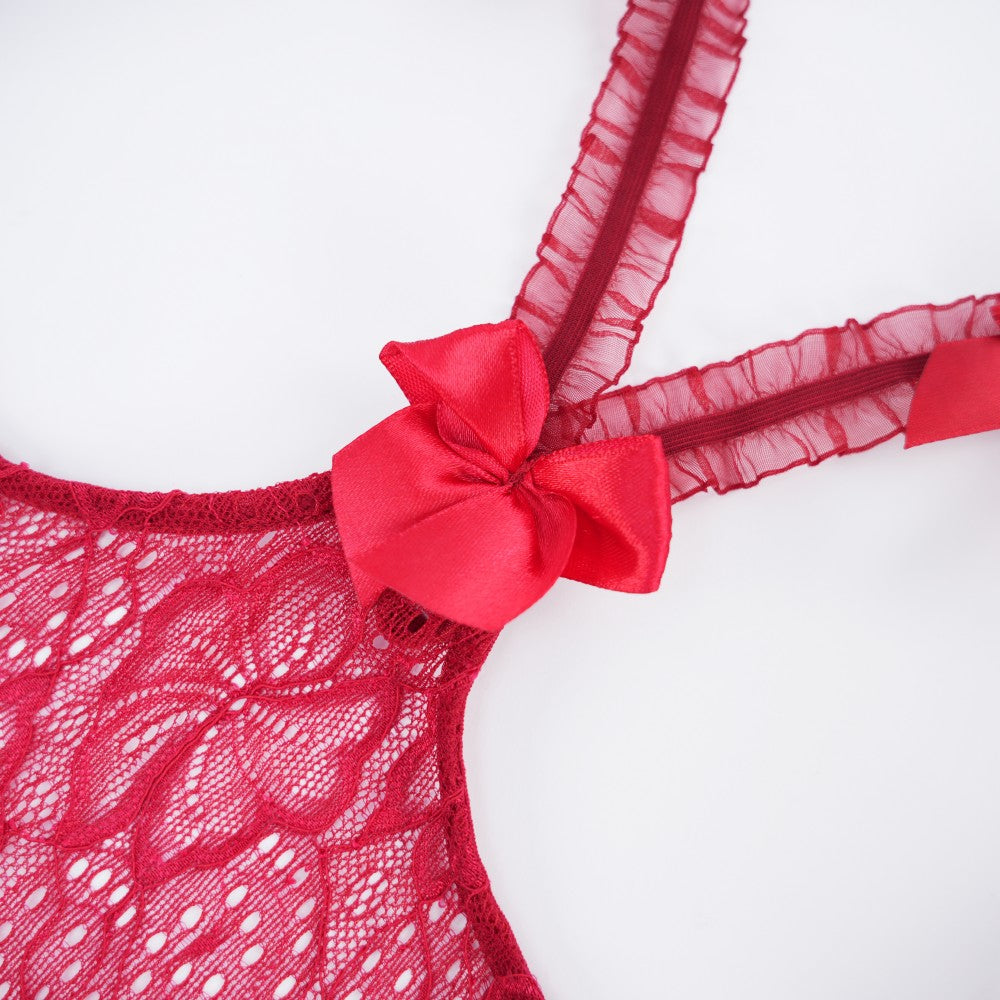 Floral Lace Embroidered Open Crotch Bodysuit