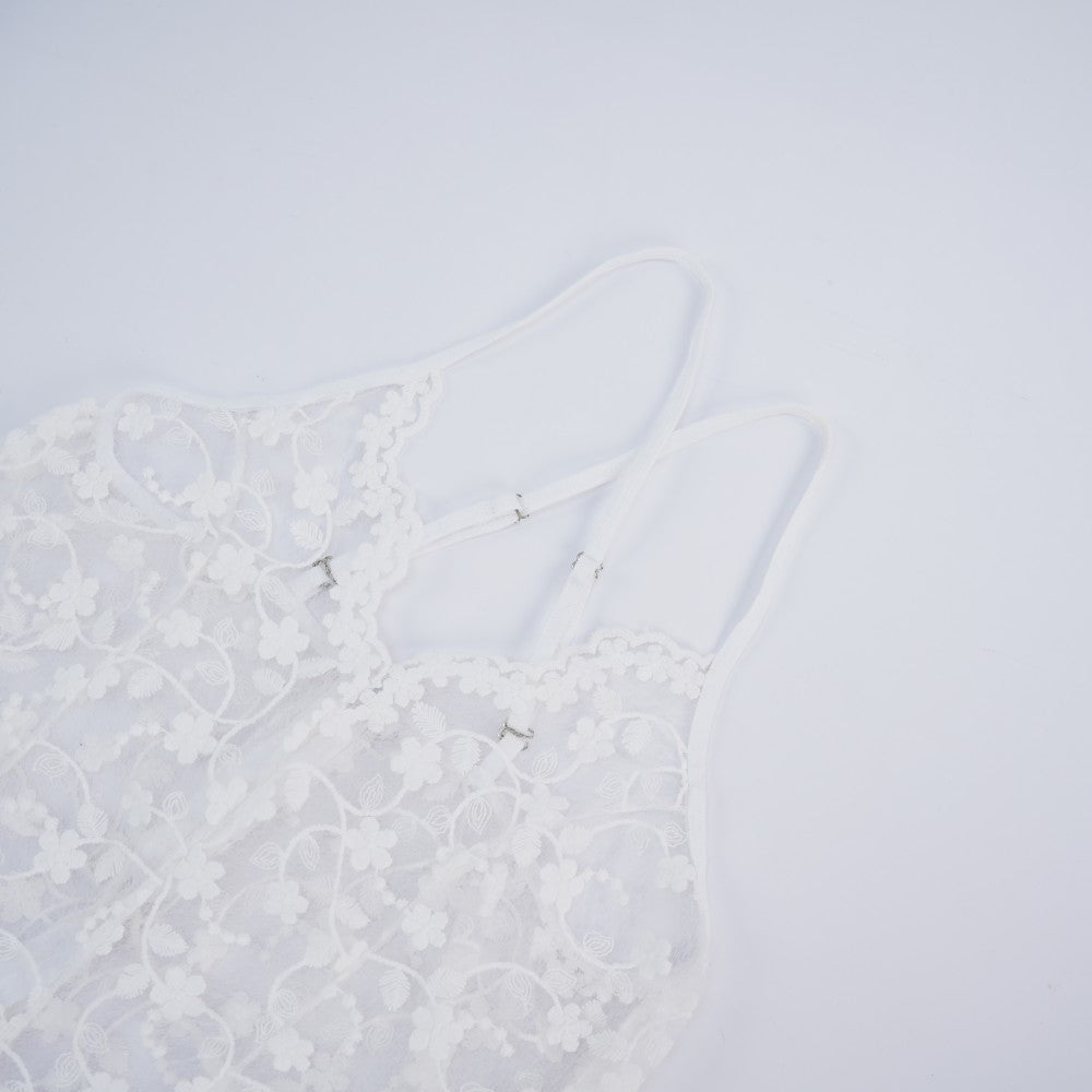 White Lace Embroidery See-Through Hollow Teddy Bodysuit