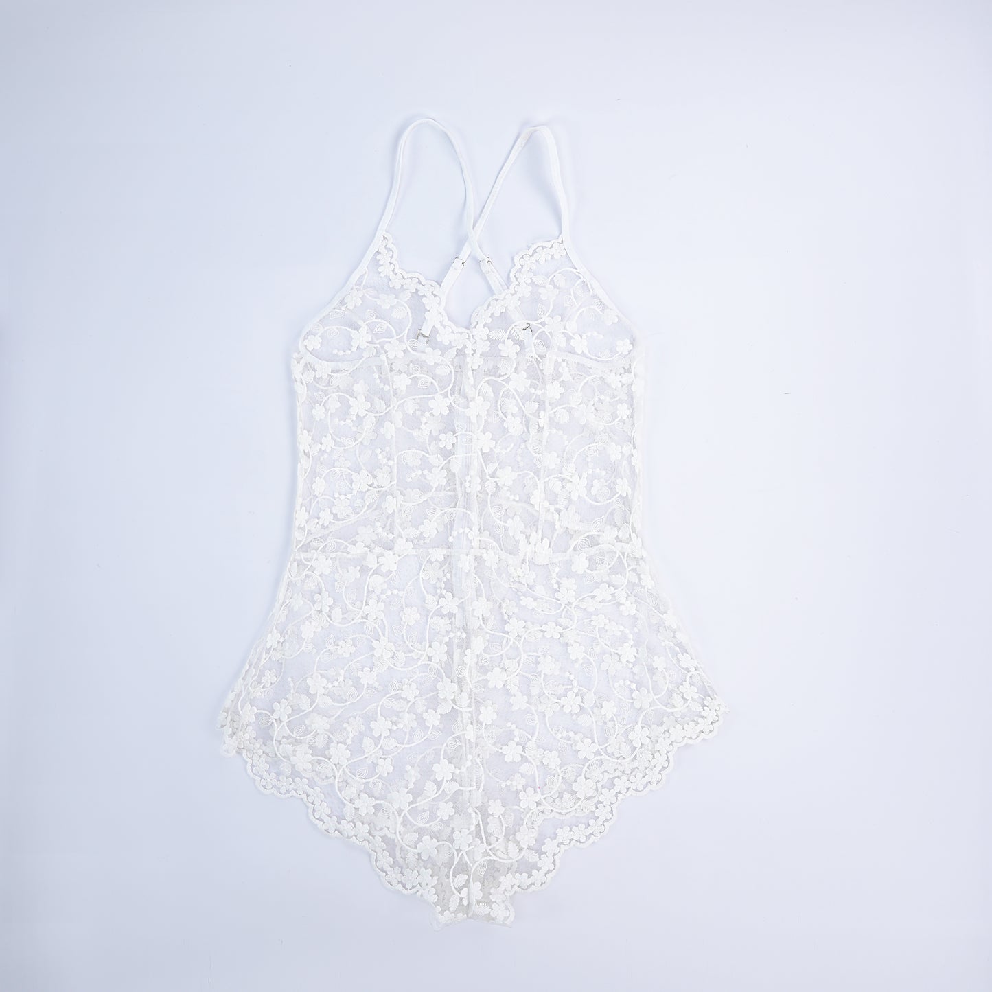 White Lace Embroidery See-Through Hollow Teddy Bodysuit