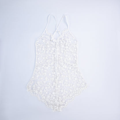 White Lace Embroidery See-Through Hollow Teddy Bodysuit