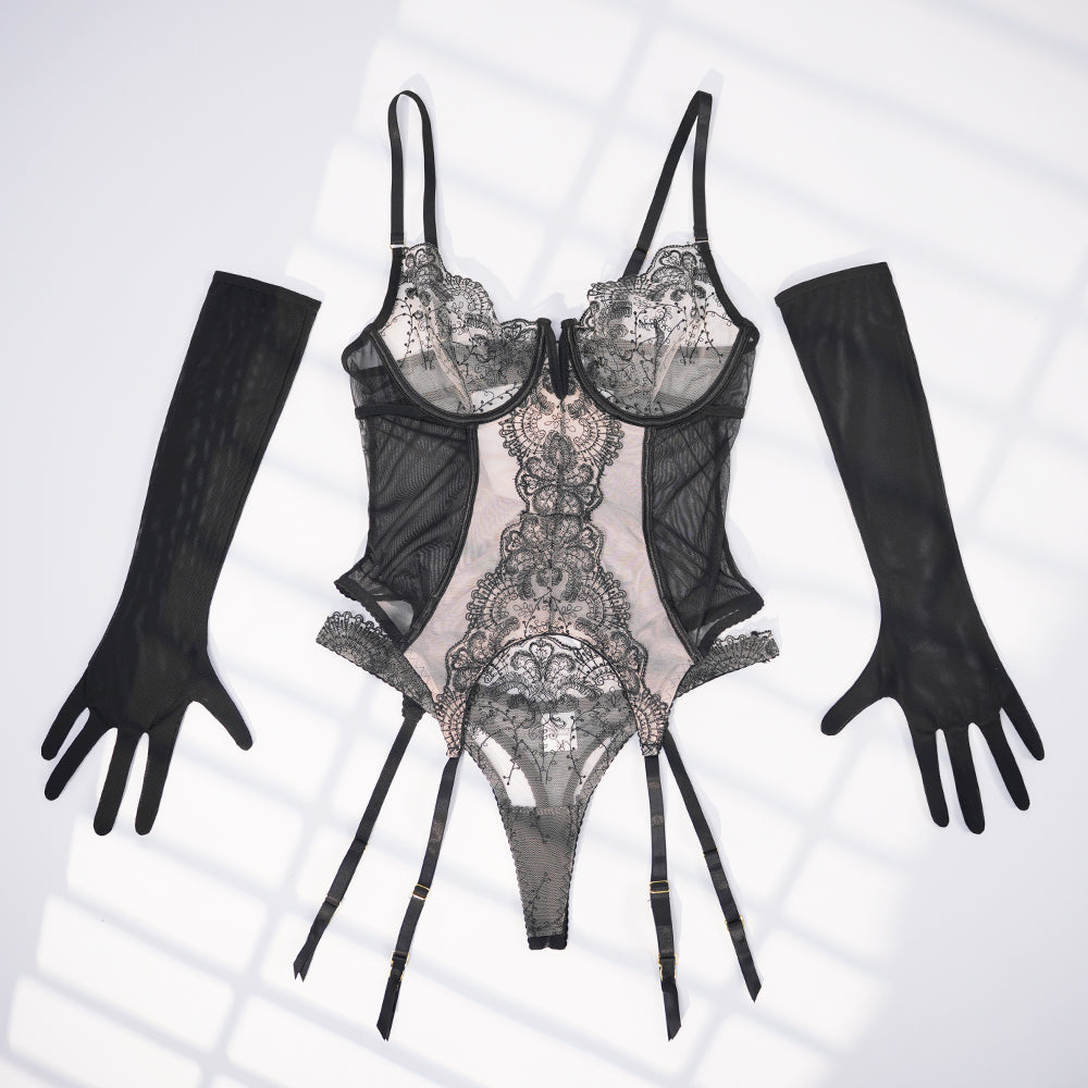 Lace Floral Embroidered Bodysuit Gloves Set