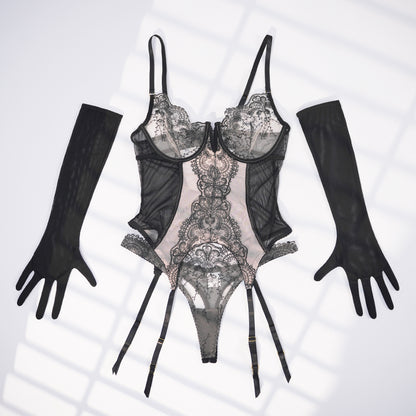 Lace Floral Embroidered Bodysuit Gloves Set