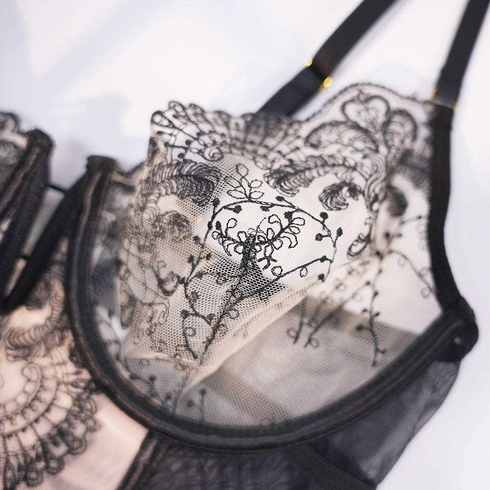 Lace Floral Embroidered Bodysuit Gloves Set