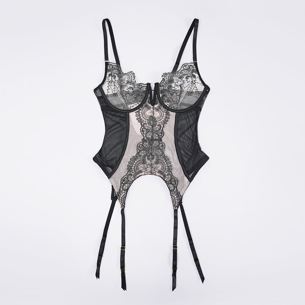 Lace Floral Embroidered Bodysuit Gloves Set