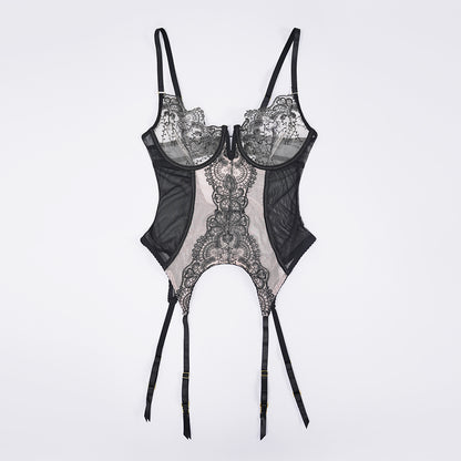 Lace Floral Embroidered Bodysuit Gloves Set