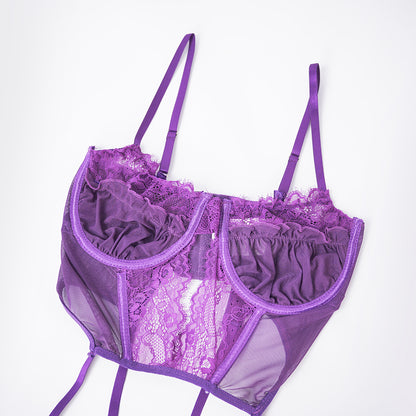 Purple Lace Embroidered Stockings Bra Panty Set